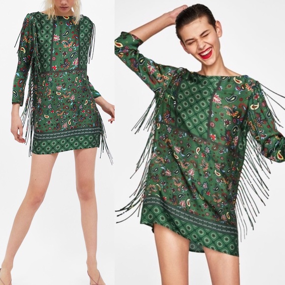 Zara Woman Green Paisley Print Fringe Tunic Dress - Picture 8 of 8
